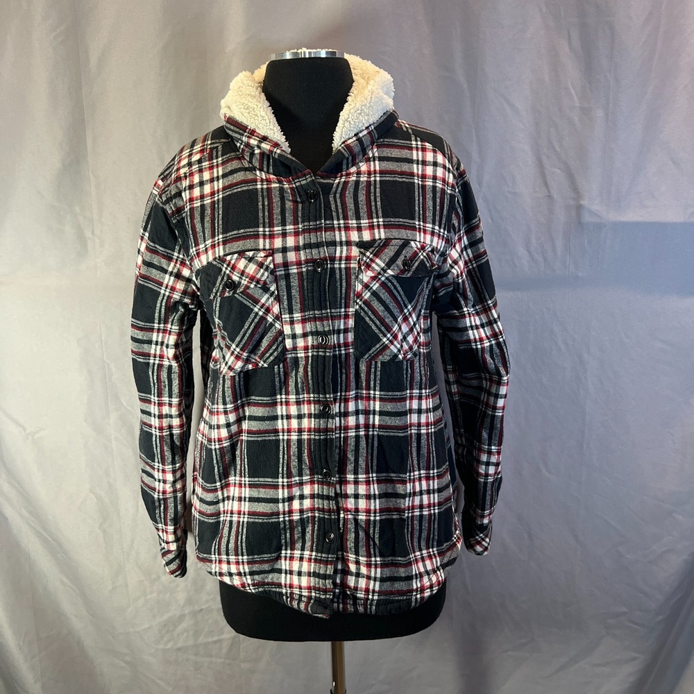 Boston Traders Flannel Shacket Womens Small Multicolor Plaid Hooded Button Up